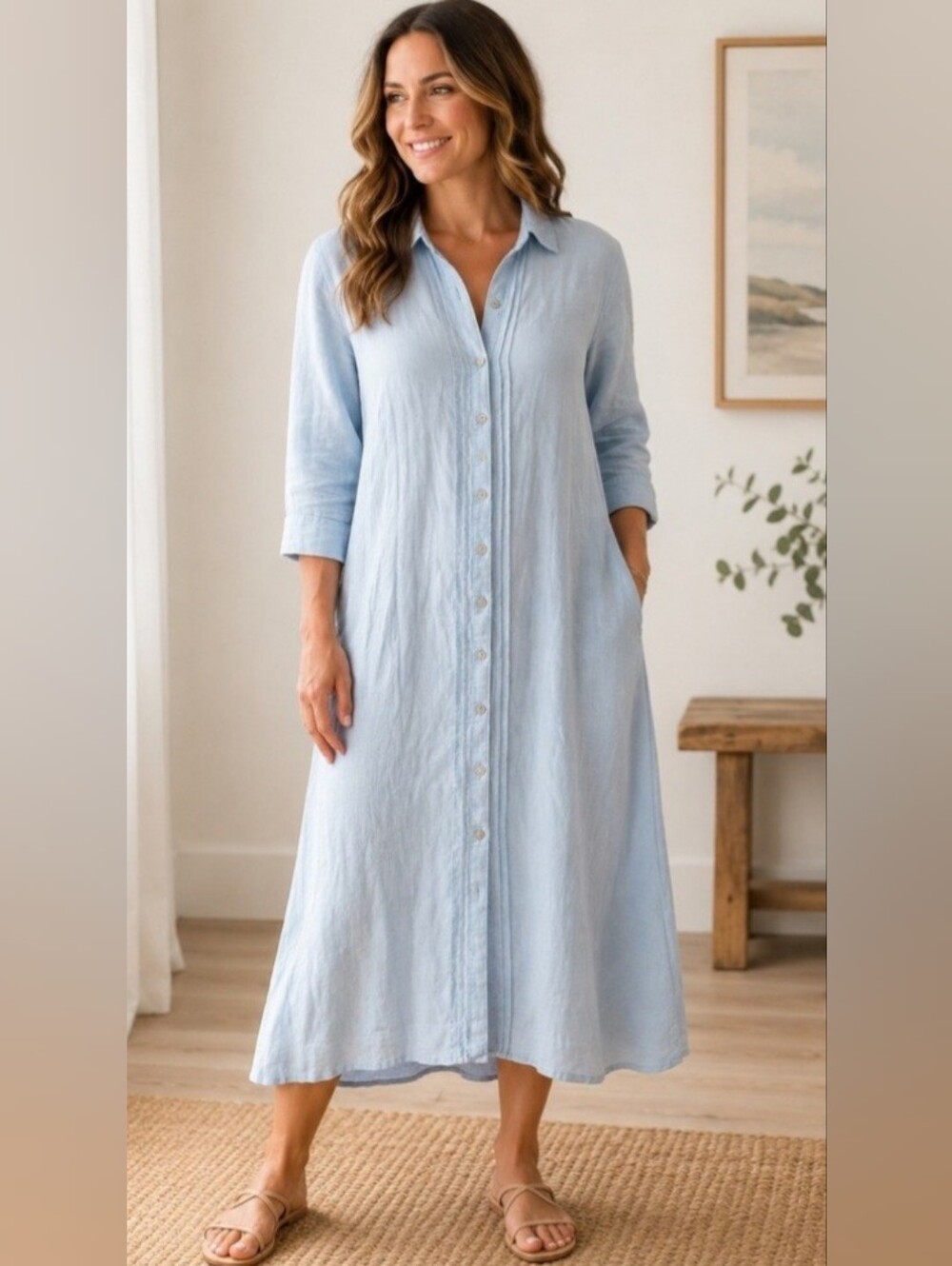 Calypso St. Barth Light Blue Button-Front Linen Blend Size XS